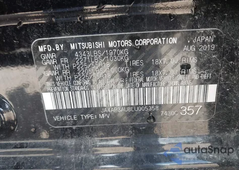 2020 Mitsubishi Outlander Sport 2.0 Es z USA, uszkodzony, nr VIN JA4AP3AU8LU005358